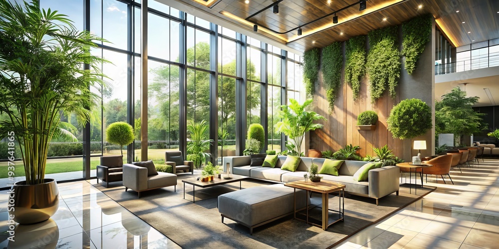 bright sunshine pours through floor-to-ceiling windows of a modern minimalist boutique hotel lobby with sleek furniture and lush greenery bright sunshine pours through floor-to-ceiling windows of a modern minimalist boutique hotel lobby with sleek furniture and lush greenery