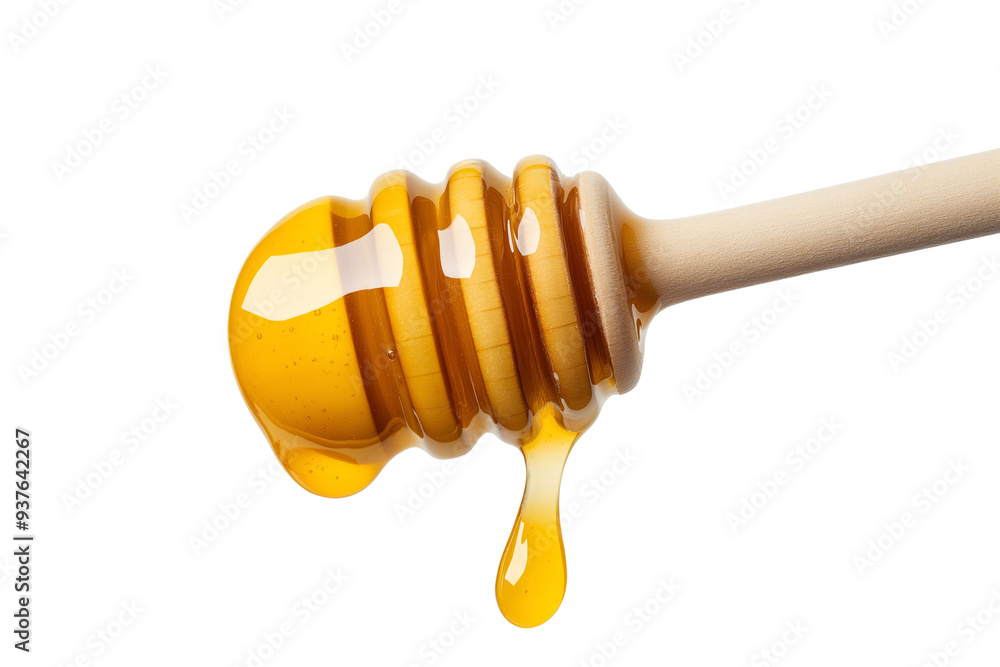A wooden honey dipper drips with golden honey against a transparent background, showcasing the sticky, rich texture of the honey as it glistens. A wooden honey dipper drips with golden honey against a transparent background, showcasing the sticky, rich texture of the honey as it glistens.