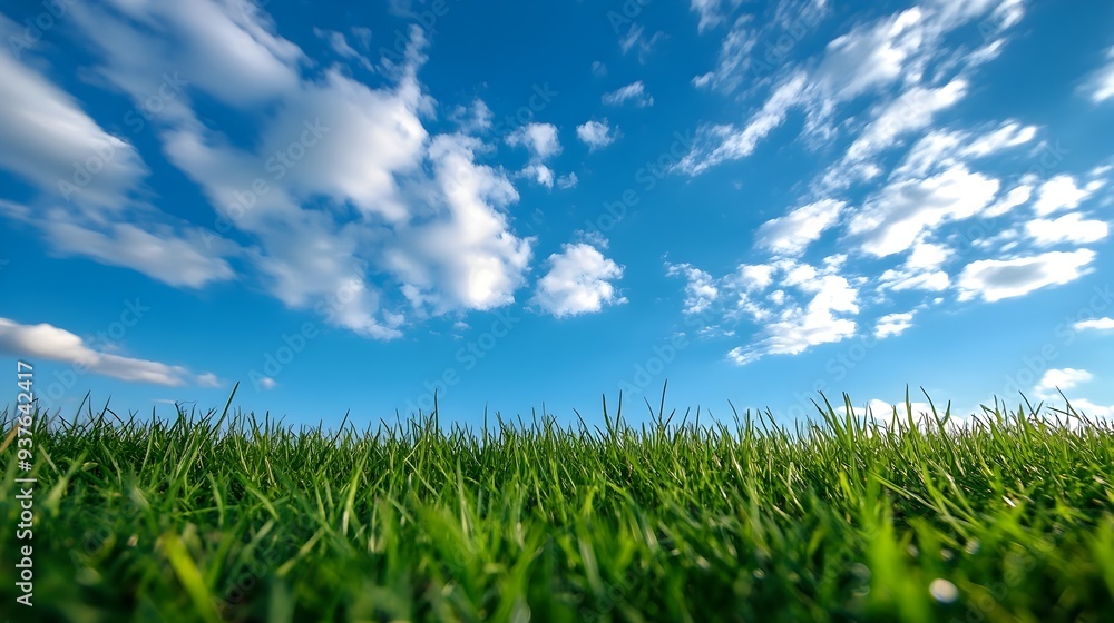 Fototapeta premium Early Morning Scenic Landscape with Blue Sky Clouds and Green Grass Field