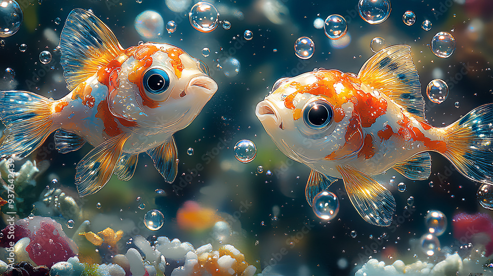 illustration detail print of two cute colorful baby puffer fish on nature background