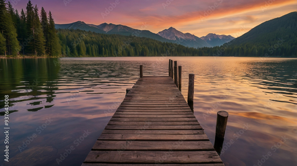 Tranquil lake at sunset with vibrant orange and purple skies, calm water, and a wooden pier surrounded by nature Tranquil lake at sunset with vibrant orange and purple skies, calm water, and a wooden pier surrounded by nature