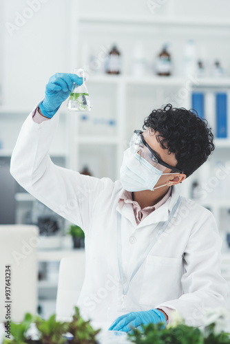 Fotografie Scientist, man and beaker for plant research in laboratory, science and herbal medicine experiment