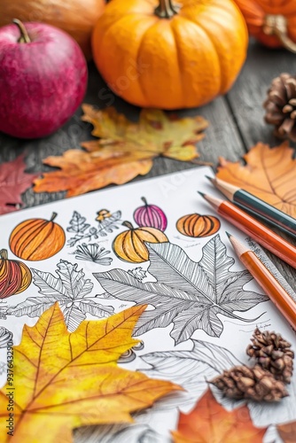 Wallpaper Mural Autumn Coloring Page with Pumpkins and Leaves Torontodigital.ca