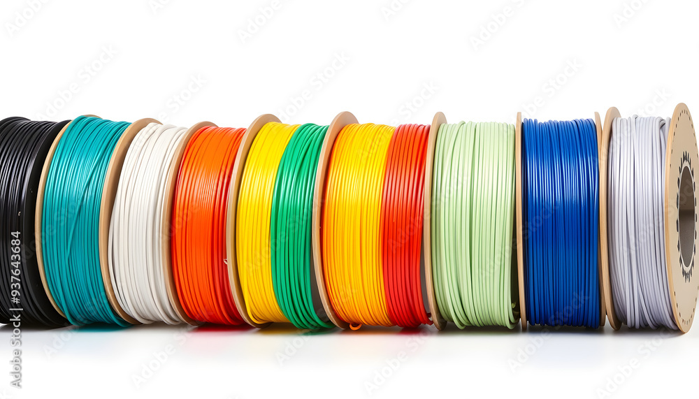 row of colorful 3d printing filament PLA material on environmentally ...