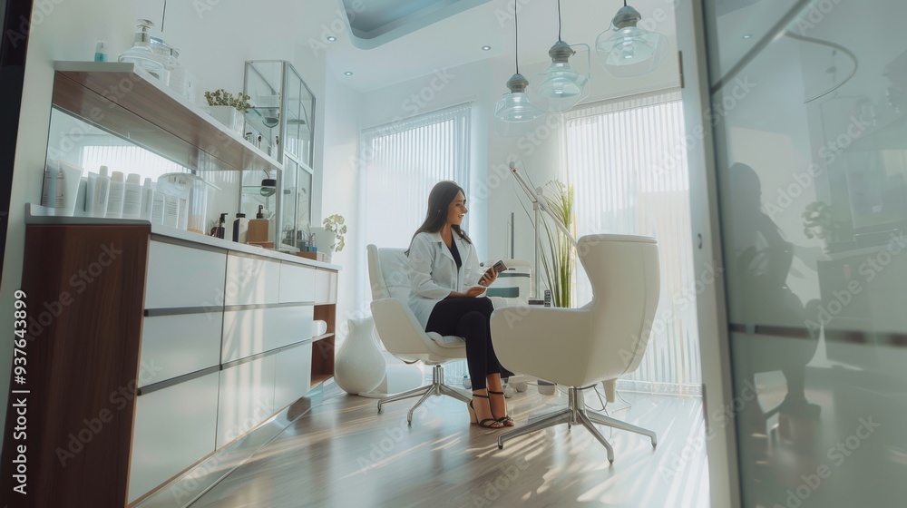 Woman seated in a beautifully lit, modern, minimalist room with large windows and indoor plants, indulging in a calm moment. Woman seated in a beautifully lit, modern, minimalist room with large windows and indoor plants, indulging in a calm moment.