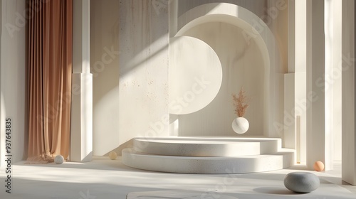 Minimalist cinema-inspired scene focusing on a clean-lined podium with geometrically appealing gipsum props AI generated illustration
