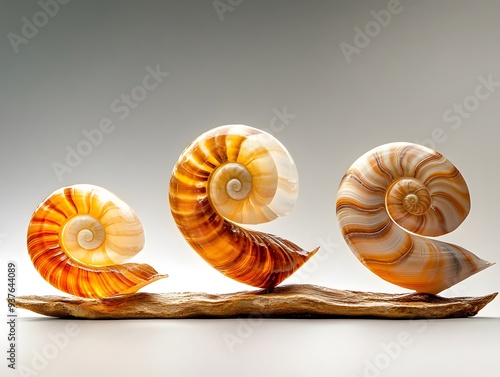 Three Seashells on a Wooden Plank. photo