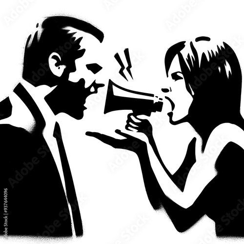 arguing couple in graffiti stencil-art style,black and white, generative ai