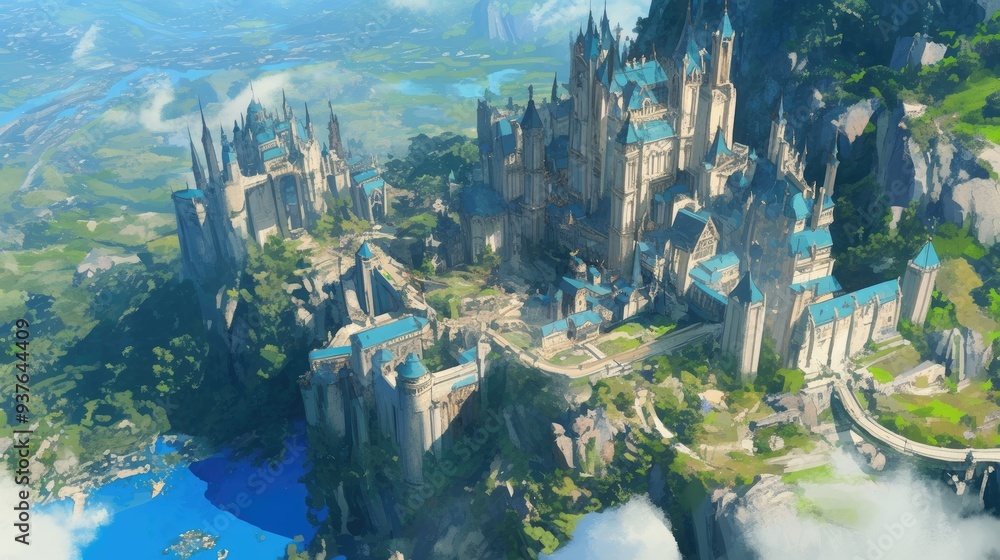 Fototapeta premium A fantasy aerial view of a large castle nestled on a mountain overlooking a vast landscape.