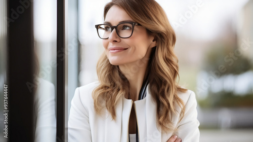 A beautiful woman in her thirties, wearing glasses and business attire with shoulder-length wavy hair, stands by the window of an office, smiling slightly as she looks out at something outside. 