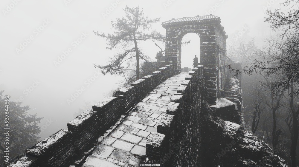 Fototapeta premium Snowy Pathway on the Great Wall of China in Foggy Landscape