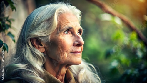 Elegant silica-haired septuagenarian gazes intensely into distance, soft natural light casts subtle shadows on worn facial features, ambient earthy tones evoke nostalgic contemplation.