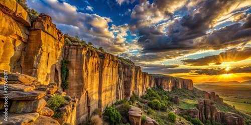 Eroded cliffside stretches towards a dramatic sky, wispy clouds drifting across a rugged texture, warm golden light revealing ancient secrets. photo