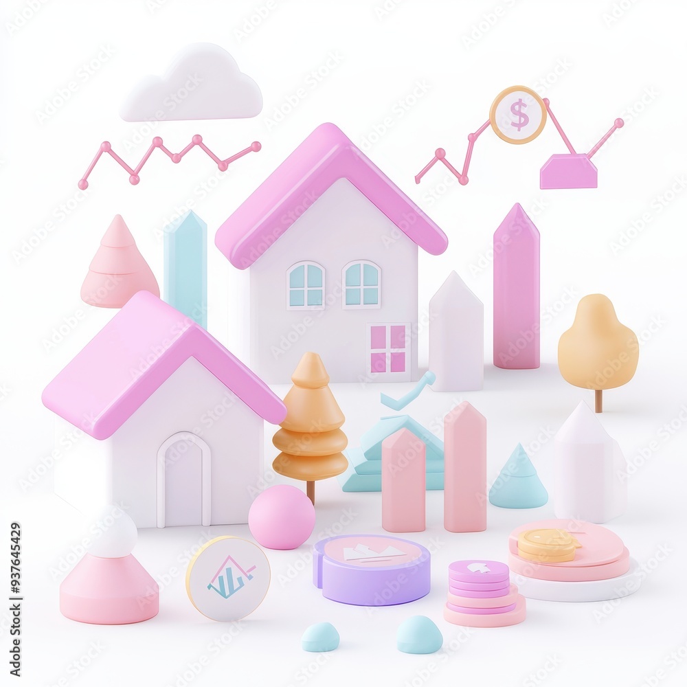 D Pastel House Financial Growth and Investment Concept Illustration