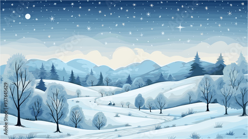 minimalistic style, simple cartoon style, bule winter illustration, doodles of diverse winter