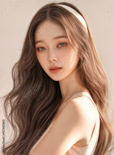 High Quality Detailed, Woman Beauty skin texture, dark hair and white hair band, natural light glowing skin, AI generative