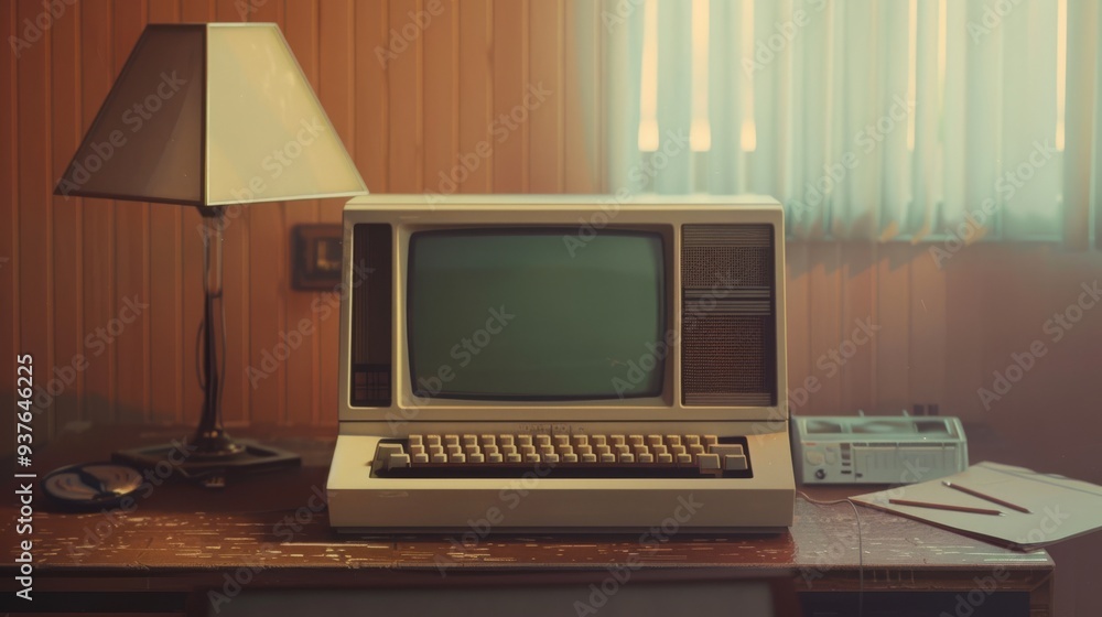 An old desktop computer setup in a dim, cozy room, featuring a bulky monitor, keyboard, and a vintage table lamp casting a soft glow. An old desktop computer setup in a dim, cozy room, featuring a bulky monitor, keyboard, and a vintage table lamp casting a soft glow.