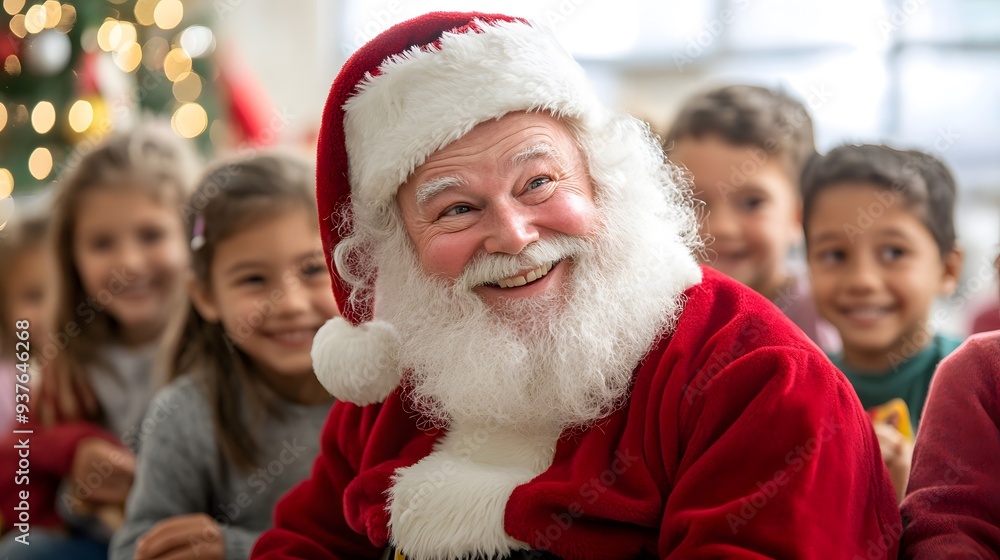 Santa Claus joining a group of kids at a school Christmas party, playing games, laughing, and taking pictures with the children Santa Claus joining a group of kids at a school Christmas party, playing games, laughing, and taking pictures with the children