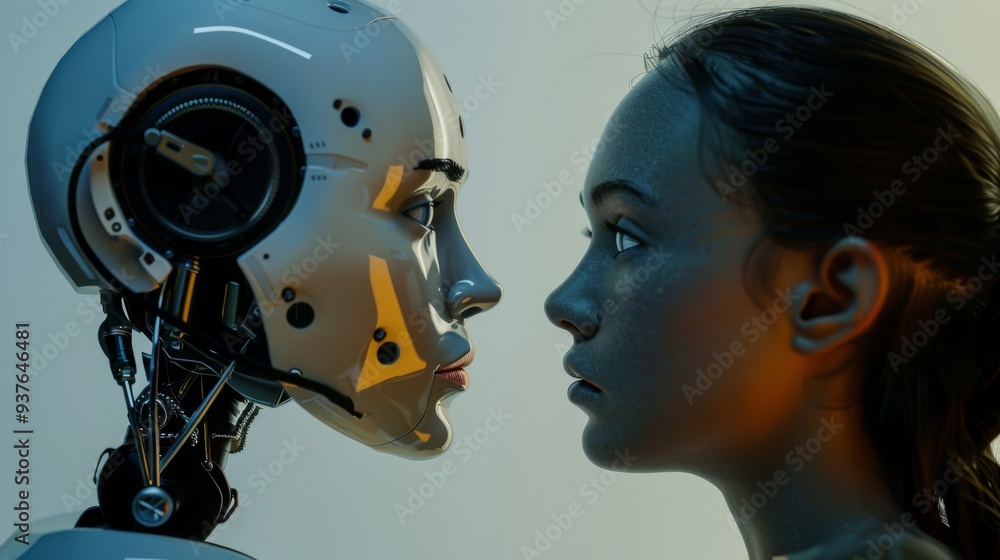 Futuristic human and robot face-to-face, highlighting the convergence of technology and humanity. Futuristic human and robot face-to-face, highlighting the convergence of technology and humanity.