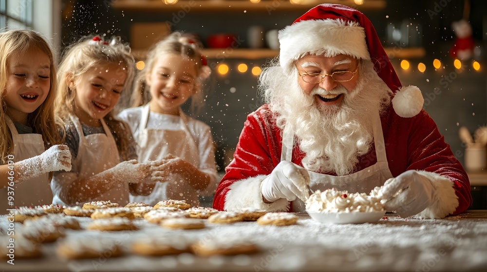 Santa Claus in a kitchen with kids, wearing aprons, baking cookies, and laughing as they decorate with frosting Santa Claus in a kitchen with kids, wearing aprons, baking cookies, and laughing as they decorate with frosting