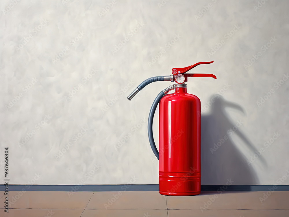 Obraz premium fire extinguisher on gray wall, Close-up of fire extinguisher on wall