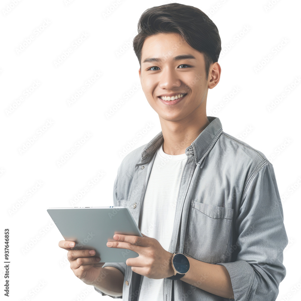 A smiling young Asian businessman in casual attire, holding a tablet, white background. A smiling young Asian businessman in casual attire, holding a tablet, white background.