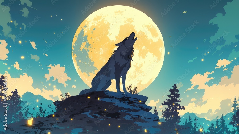 Fototapeta premium A lone wolf howls at the moon, silhouetted against a bright full moon, surrounded by glowing lights in the night sky and a mountain range in the distance.