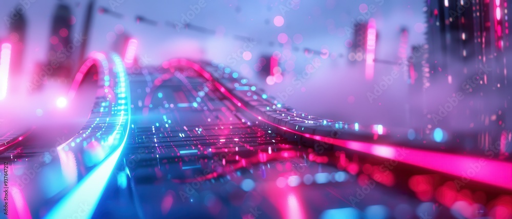 Obraz premium Radiant Bridge in a Futuristic City, a stunning view of a glowing structure arching over sleek skyscrapers, vibrant lights reflecting off glass surfaces, a vision of innovation and connectivity.