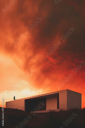 Minimalistic house with nano details and a flaming red sky in the background AI generated illustration