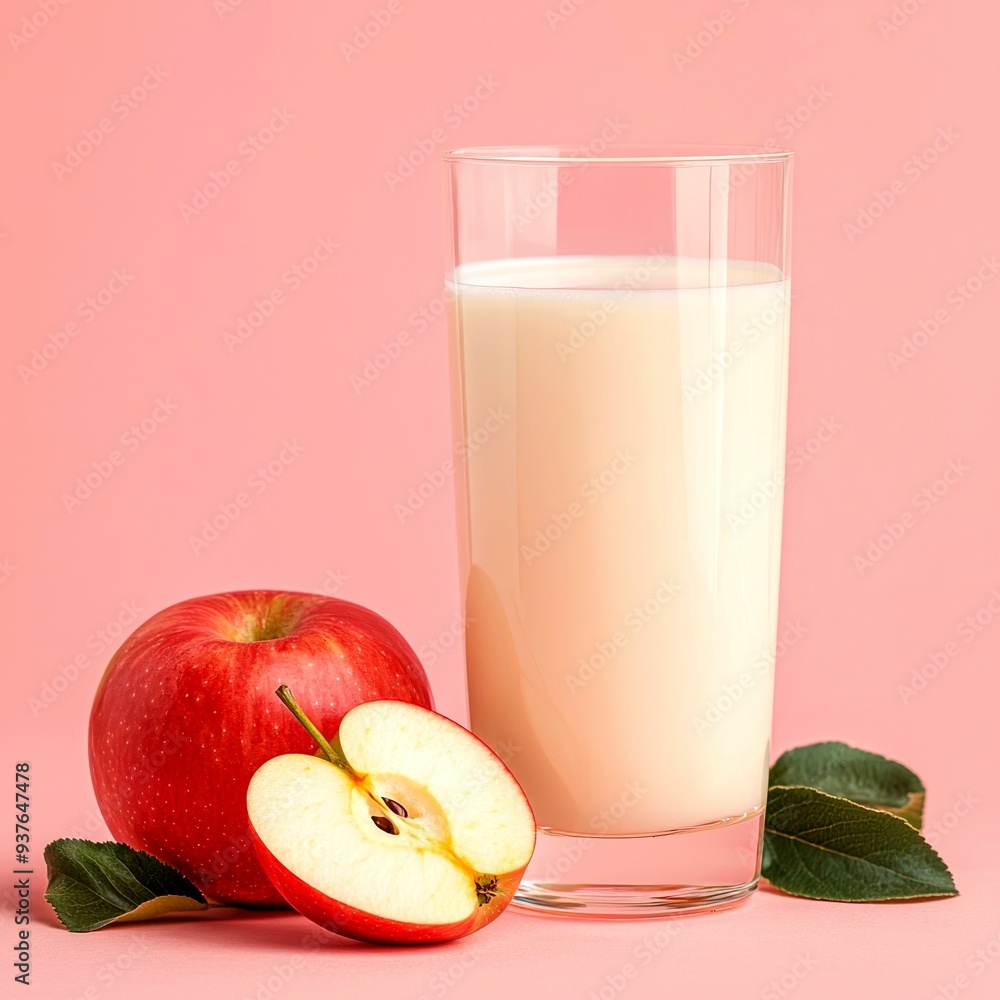 A Glass of Milk with Red Apples and Leaves on a Pink Background A Glass of Milk with Red Apples and Leaves on a Pink Background
