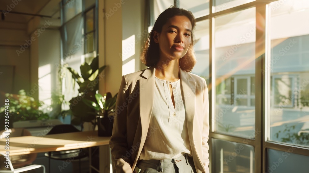 A woman stands confidently in a sunlit office, exuding a natural grace and professionalism, with bright sunlight streaming through large windows. A woman stands confidently in a sunlit office, exuding a natural grace and professionalism, with bright sunlight streaming through large windows.