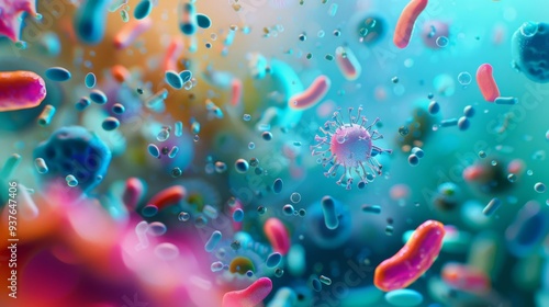 A visually striking close-up of various microorganisms, rendered in vibrant colors and floating in a seemingly fluid, ethereal space.