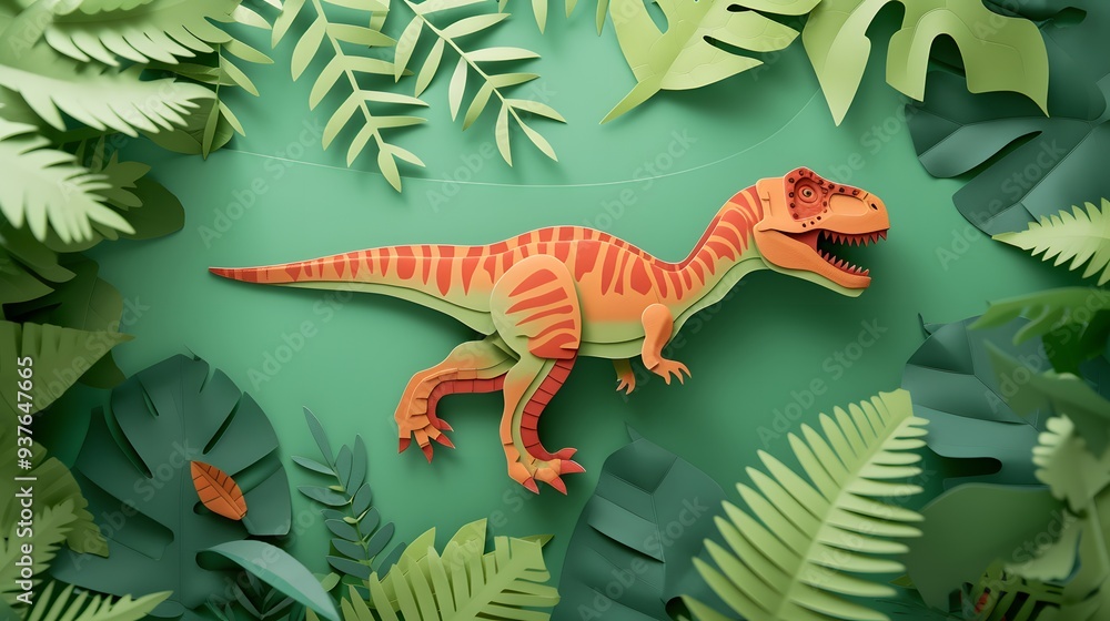 Fototapeta premium Minimalistic Jurassic Park themed flat lay design AI generated illustration