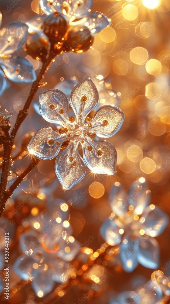 Transparent crystal glass flowers decor on festive golden bokeh background, copy space Transparent crystal glass flowers decor on festive golden bokeh background, copy space