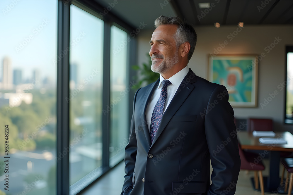 Happy confident mature 45 years old business man investor standing in office looking away. Middle aged rich business owner male ceo executive leader Happy confident mature 45 years old business man investor standing in office looking away. Middle aged rich business owner male ceo executive leader