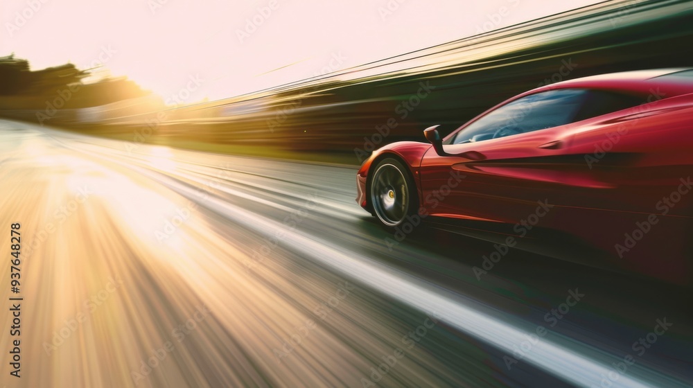 Vibrant red sports car speeding down the track at sunset, creating a sense of blistering speed and smooth motion. Vibrant red sports car speeding down the track at sunset, creating a sense of blistering speed and smooth motion.