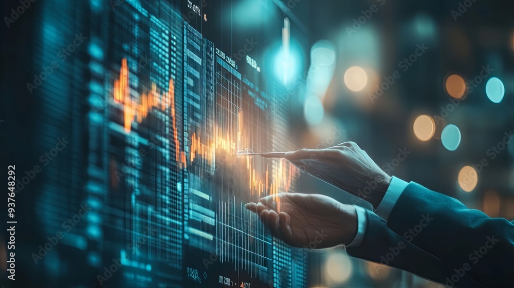 Businessman holding arrow up and analysis economic with graph data analytics.Business finance and investment concept Businessman holding arrow up and analysis economic with graph data analytics.Business finance and investment concept