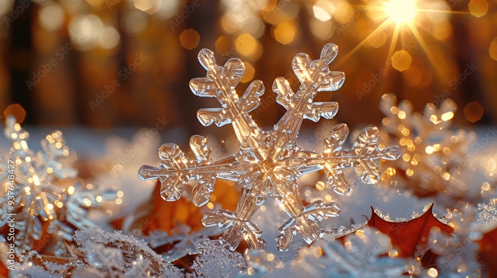 Winter background. Ice snowflakes in different shapes and forms. Transparent crystal glass Christmas snowflakes, festive golden bokeh background, copy space Winter background. Ice snowflakes in different shapes and forms. Transparent crystal glass Christmas snowflakes, festive golden bokeh background, copy space