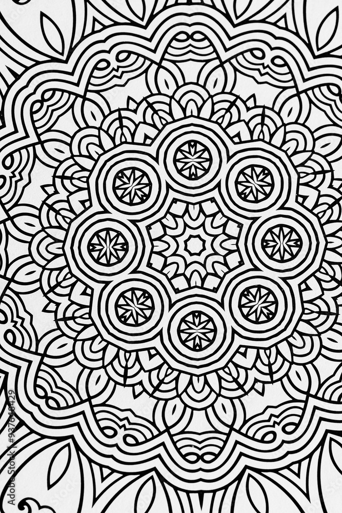 Arrière plan noir et blanc avec motif graphique mandala pour colorier