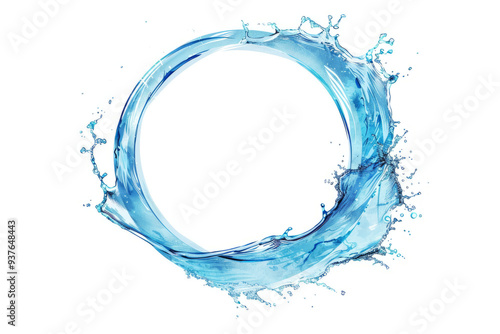 Dynamic splash of water in a circular shape, symbolizing freshness, isolated on a white backdrop