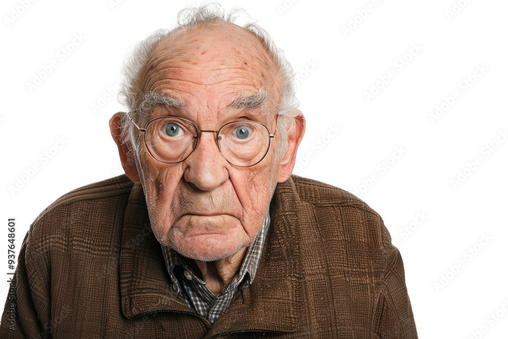Elderly man showing signs of confusion or dementia, against a white background. Elderly man showing signs of confusion or dementia, against a white background.