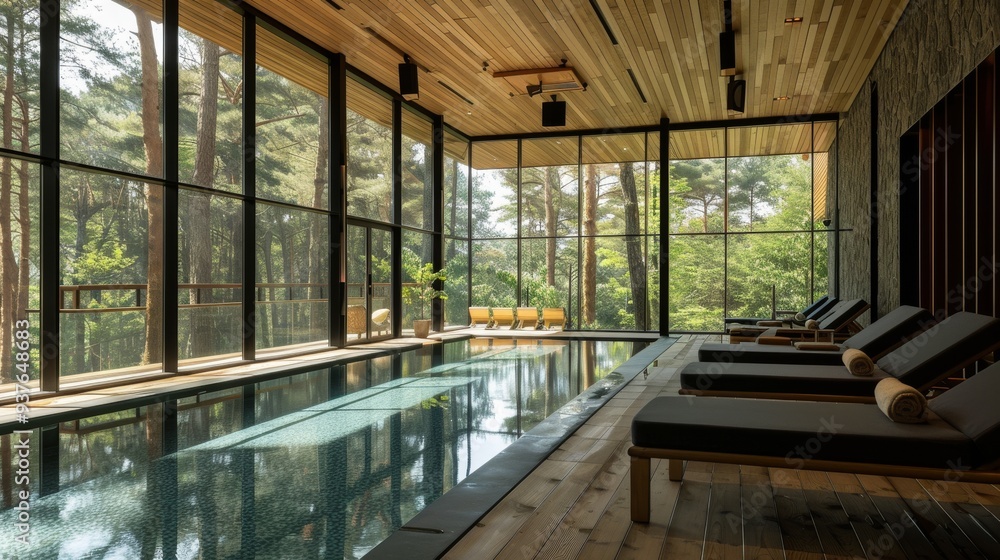 Fototapeta premium Luxurious indoor swimming pool area with large windows overlooking a peaceful forest, exuding elegance and relaxation.