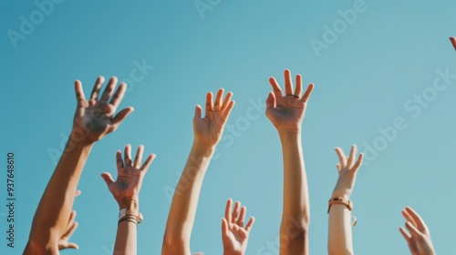 Hands raised enthusiastically against a bright blue sky, symbolizing unity, freedom, and the spirit of community.