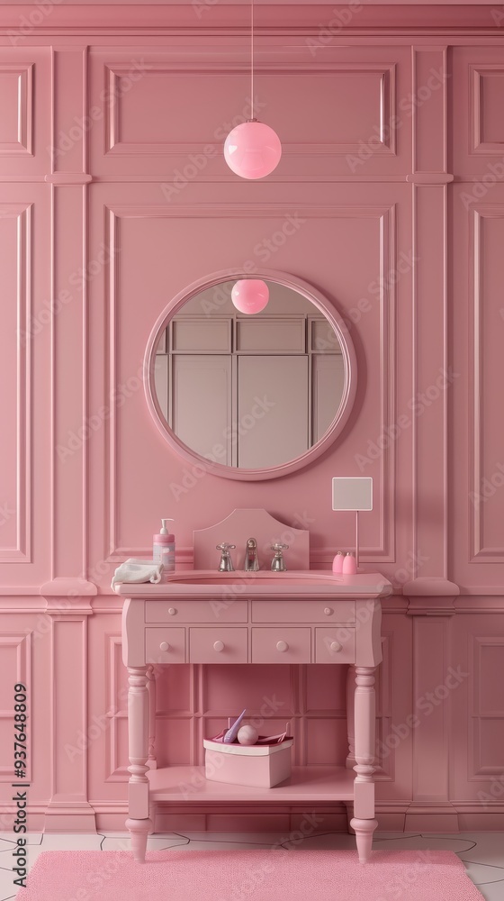 Pink Paradise Bathroom: A symphony in pink, this luxurious bathroom boasts ornate wall paneling, a vintage vanity, and a soothing glow from the round pendant light. Pink Paradise Bathroom: A symphony in pink, this luxurious bathroom boasts ornate wall paneling, a vintage vanity, and a soothing glow from the round pendant light.