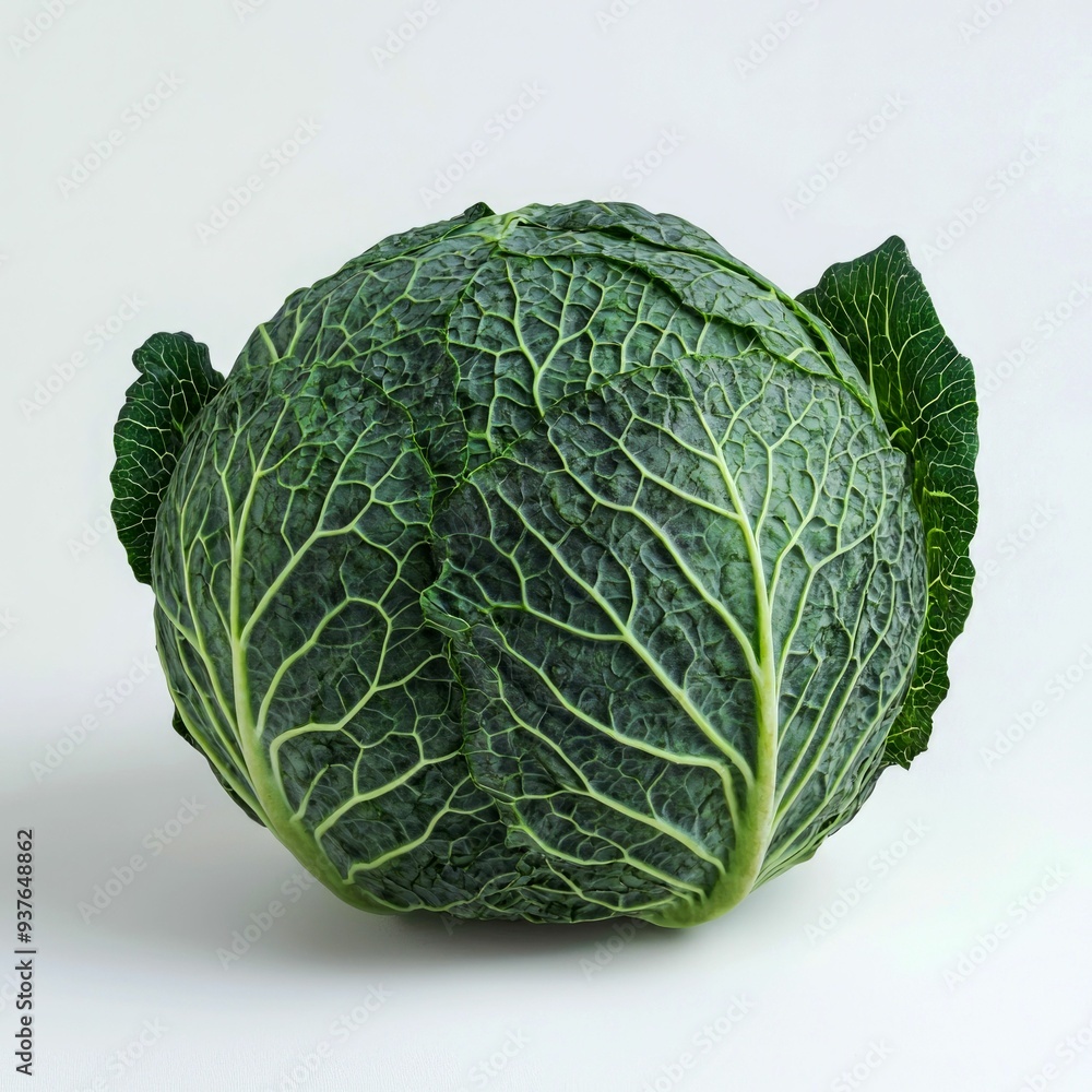 Fototapeta premium A Whole Green Savoy Cabbage Isolated on White Background