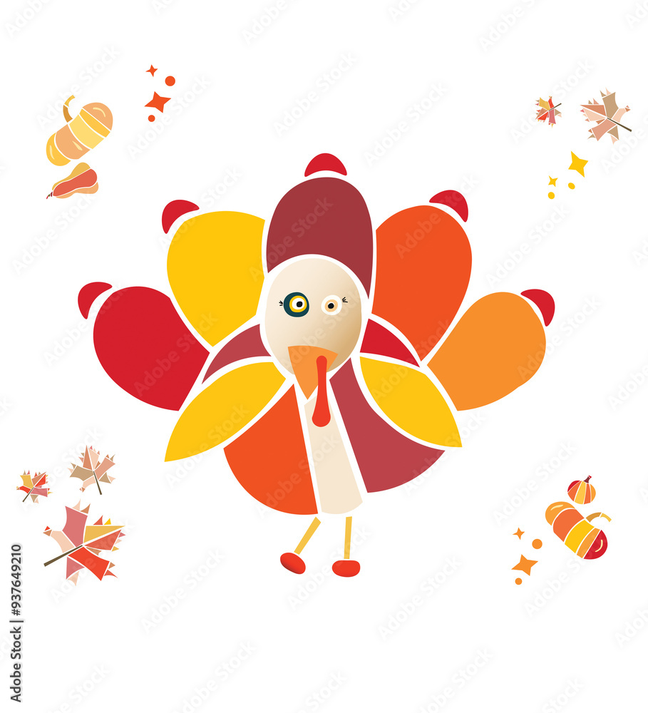 Naklejka premium Happy thanks giving day! A colorful cartoon for kids, babies prints. Funny cute abstract stylized turkey, pumpkins and autumn leaves. Geometric shapes, orange colors