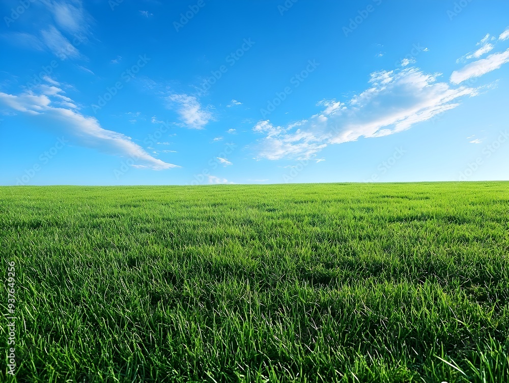 Vast Lush Green Meadow Under Bright Blue Sky with Fluffy Clouds Vast Lush Green Meadow Under Bright Blue Sky with Fluffy Clouds