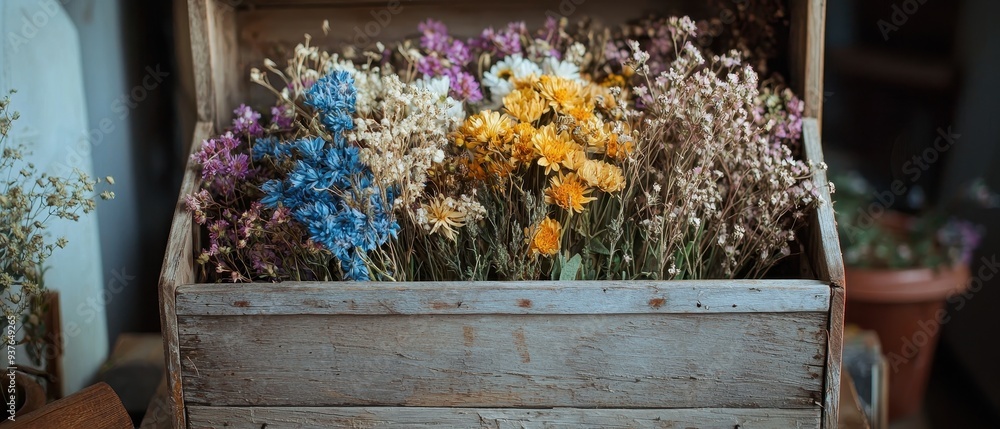 Rustic Wooden Crate Filled with Vibrant Wildflowers Rustic Wooden Crate Filled with Vibrant Wildflowers