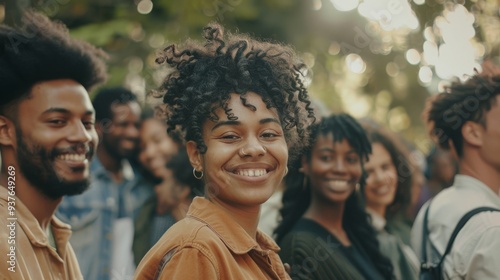 A vibrant group of friends smiling as they gather outdoors, embodying joy, camaraderie, and happiness.