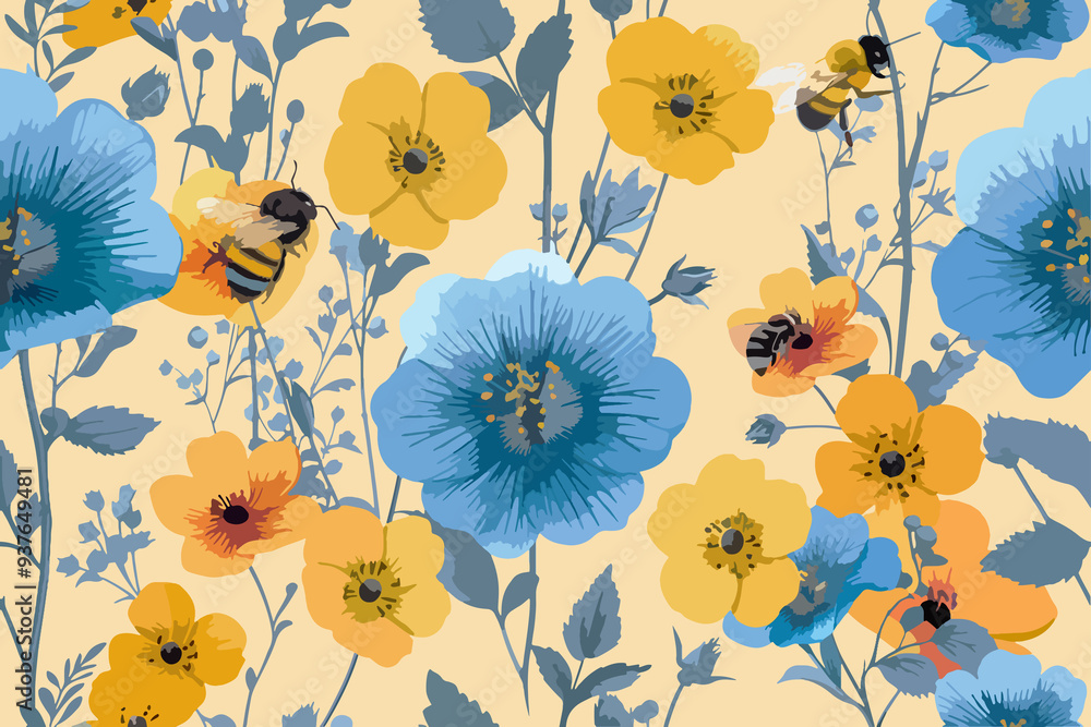 Flowers and bees seamless pattern with colorful abstract contemporary style Flowers and bees seamless pattern with colorful abstract contemporary style